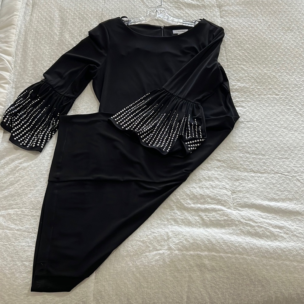 Calvin Klein midi dress with beaded sleeves